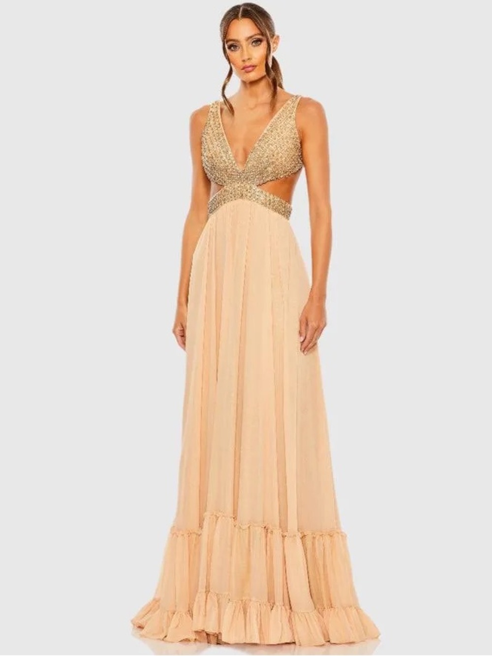 Mac Duggal 68465 Gold Embellished Maxi Dress with Cutouts